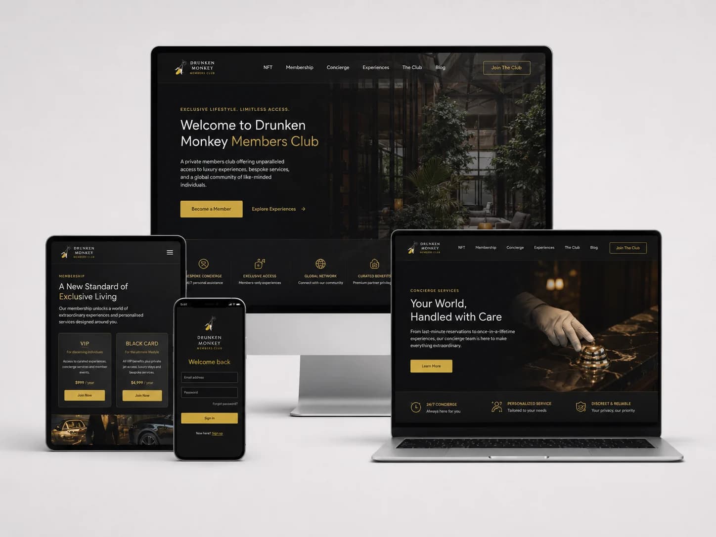 Drunken Monkey Members Club luxury website shown across desktop, laptop, tablet and mobile devices