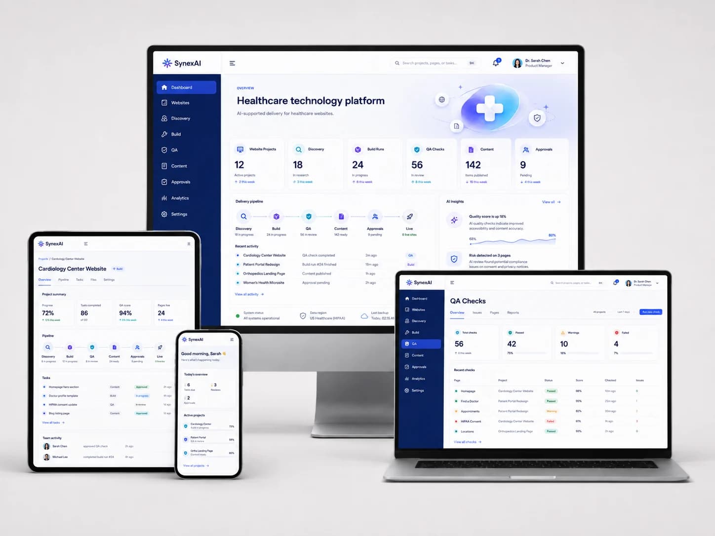 Evoqode Healthcare technology platform shown across desktop, tablet and mobile devices